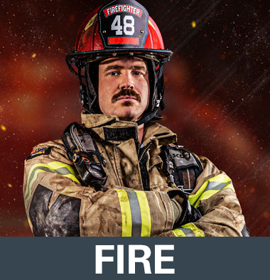 Firefighter in full turnout gear with helmet, representing HAIX fire boots category on a red orange background